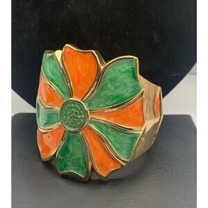 Large Enameled Flower Gold Tone Statement Cuff Clamper Bracelet Flower Power